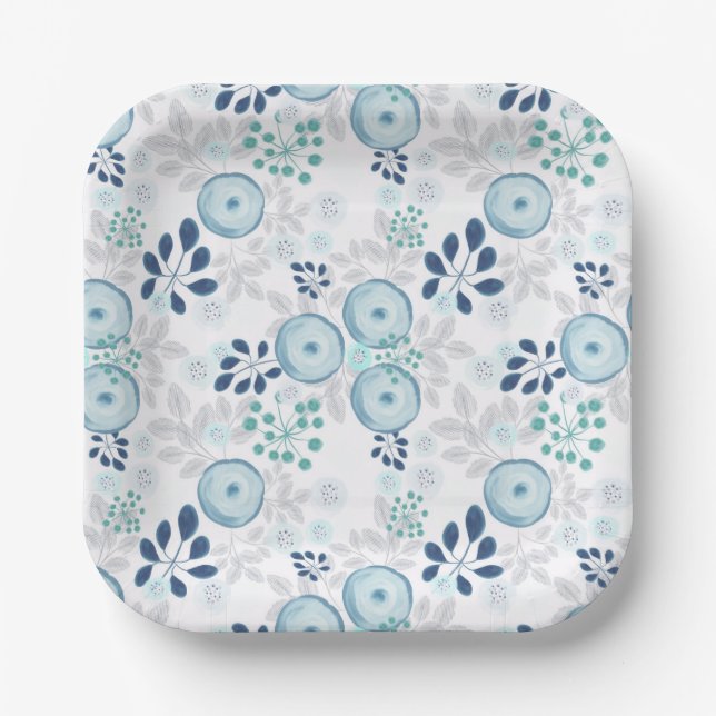 Hellblaue Blumen Pappteller (Vorderseite)