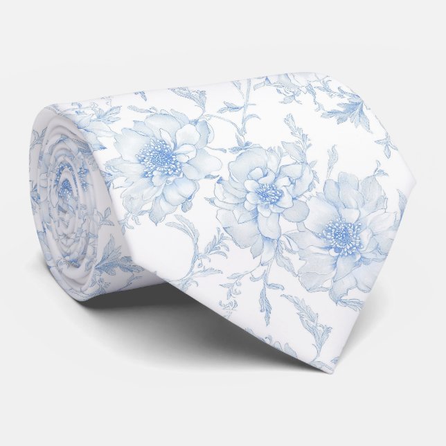 Hellblaue Blumen Toile de Jouy Krawatte (Gerollt)