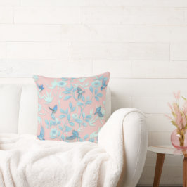 hellblaue Blumen und Vögel , Hintergrundlichtros Kissen