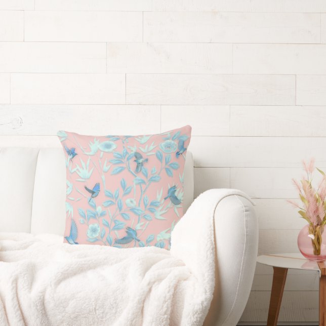 hellblaue Blumen und Vögel , Hintergrundlichtros Kissen (Liege)