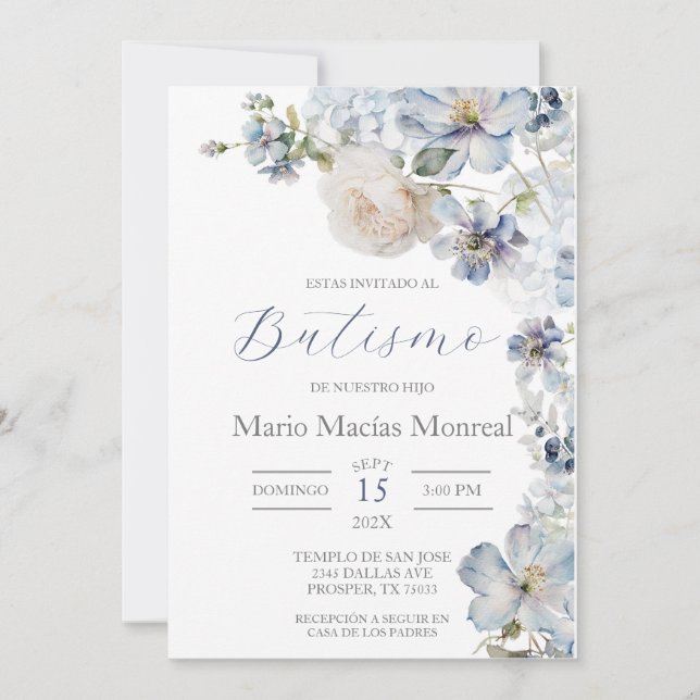 Hellblaue Blütentaufe Spanische Einladung (Vorderseite)