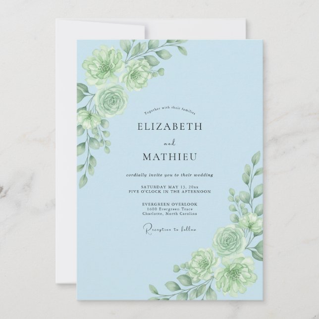 Hellblaue botanische Blütenhochzeit Einladung (Vorderseite)