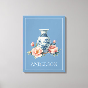 Hellblaue Chinoiserie-Vase Floral Leinwanddruck