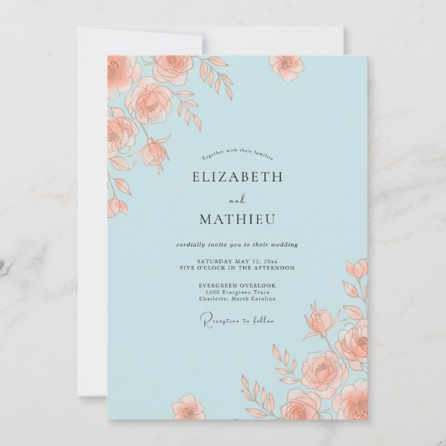 Hellblaue elegante Rosenhochzeit Einladung (Vorderseite)