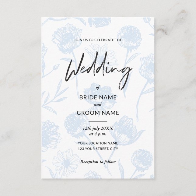 Hellblaue Florale Elegante Illustrations-Hochzeit Einladung (Vorderseite)