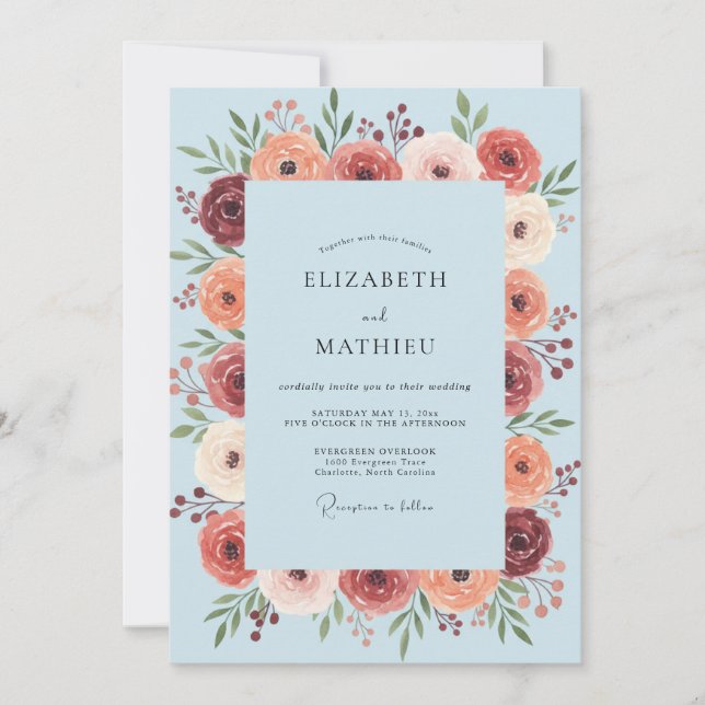 Hellblaue florale Hochzeit Einladung (Vorderseite)
