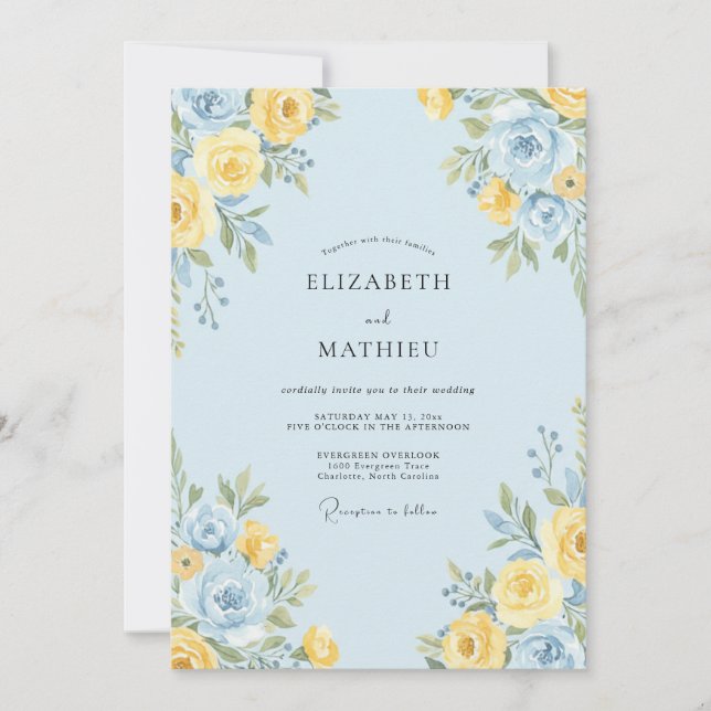 Hellblaue fröhliche botanische Hochzeit Einladung (Vorderseite)