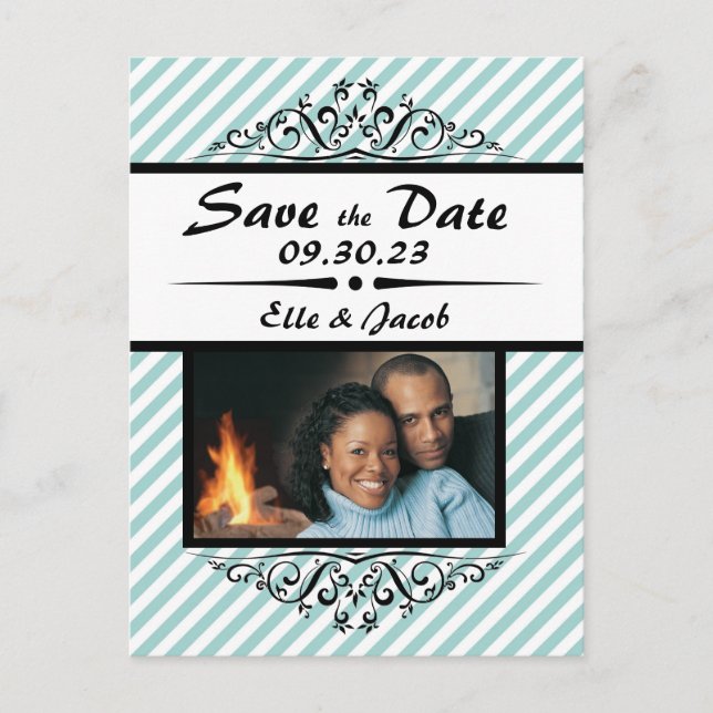 Hellblaue, gestreifte Save the Date Postkarte (Vorderseite)