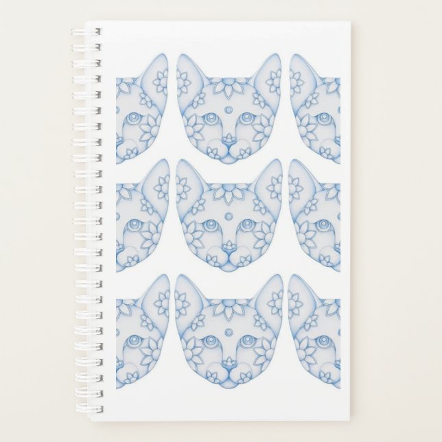 HELLBLAUE KATZE MIT BLUMEN PLANER NOTIZBUCH (Vorderseite)