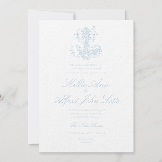 Hellblaue "L" Monogramm Hochzeitseinladung Einladung (Vorderseite)