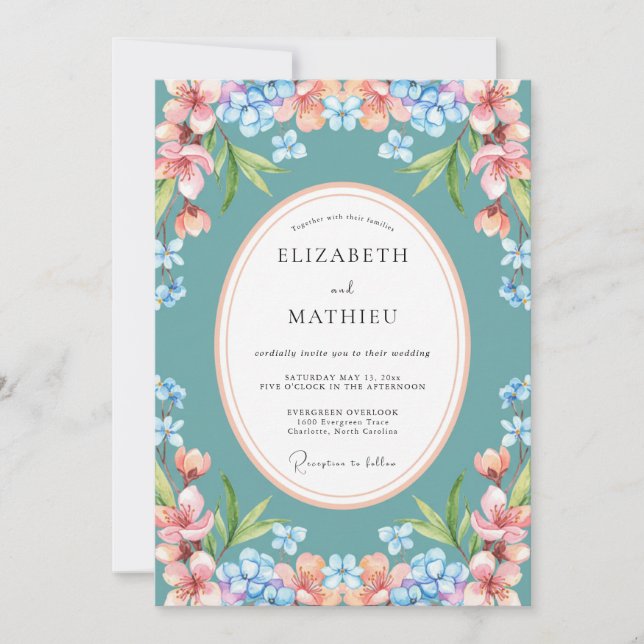 Hellblaue leuchtend botanische Hochzeit Einladung (Vorderseite)
