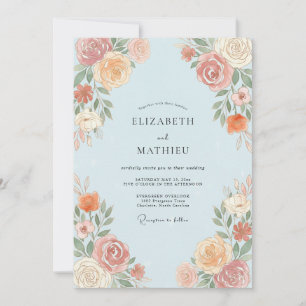 Hellblaue Pfirsich-Botanical-Hochzeit Einladung