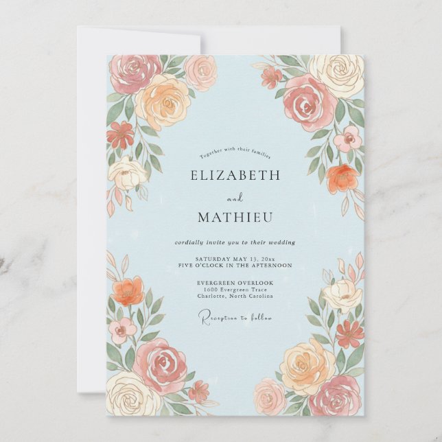 Hellblaue Pfirsich-Botanical-Hochzeit Einladung (Vorderseite)