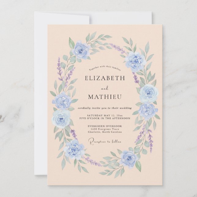 Hellblaue romantische Blumenhochzeit Einladung (Vorderseite)