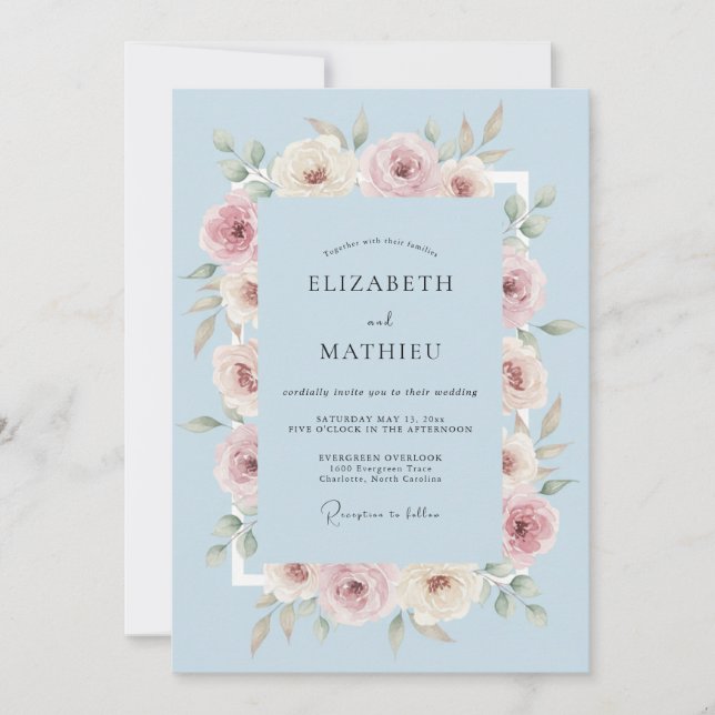 Hellblaue romantische botanische Hochzeit Einladung (Vorderseite)