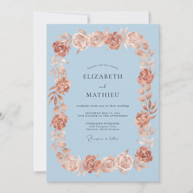 Hellblaue Romantische Rosenhochzeit Einladung (Vorderseite)