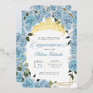Hellblaue Rosen Prinzessin Quinceanera Echtgold Folieneinladung