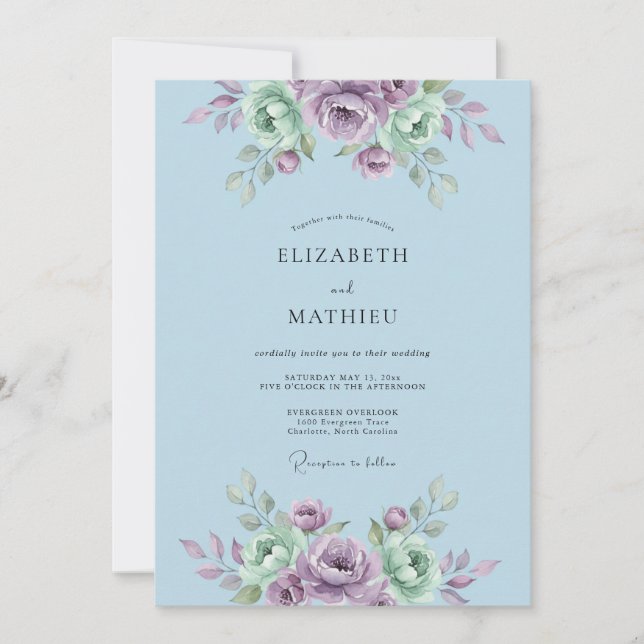 Hellblaue ruhige botanische Hochzeit Einladung (Vorderseite)