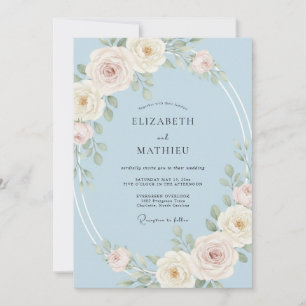 Hellblaue ruhige Rosenhochzeit Einladung