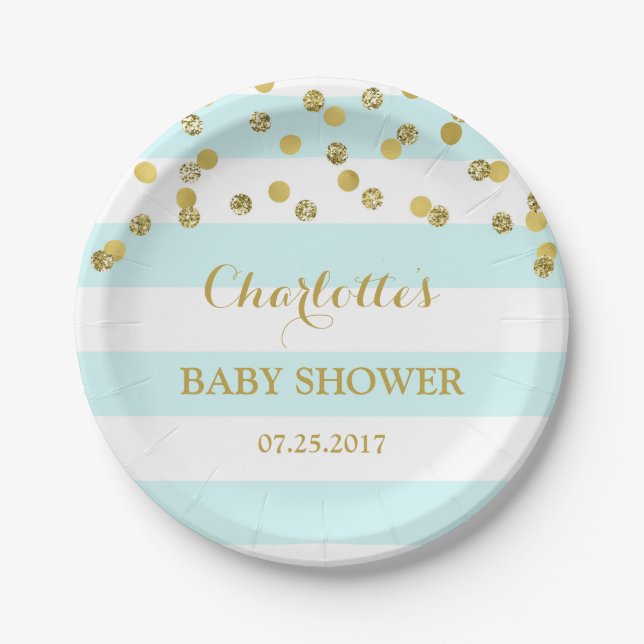 Hellblaue Streifen-Goldconfetti-Babyparty-Platte Pappteller (Vorderseite)