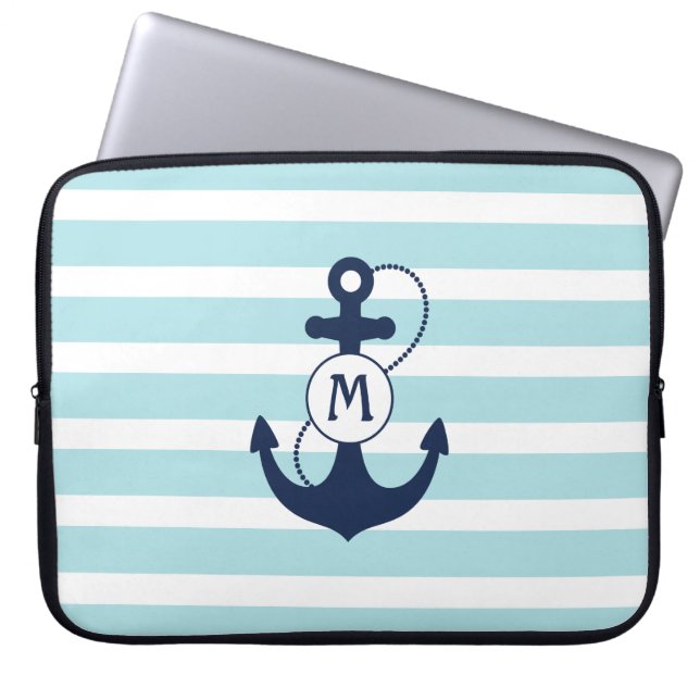 Hellblaue Streifen mit Anker und Monogramm Laptopschutzhülle (Vorderseite)