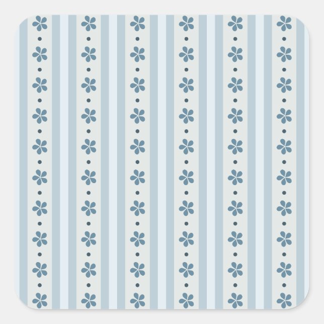 Hellblaue Streifen und Blumen Quadratischer Aufkleber (Vorderseite)