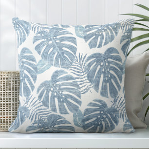 Hellblaue und weiße Monstera Palm Blätter Kissen