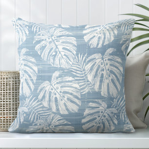 Hellblaue und weiße Monstera Palm Blätter Kissen