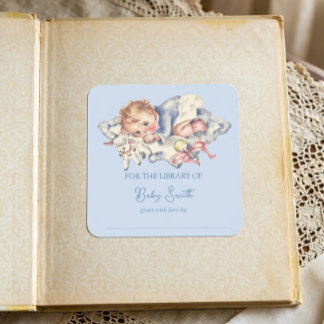 Hellblaue Vintage-Baby-Junge-Baby-Shower-Buchplatt Quadratischer Aufkleber