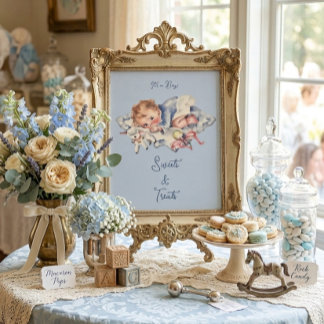 Hellblaue Vintage-Jungen-Baby-Party Süßigkeiten & Poster