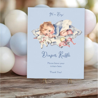 Hellblaue Vintage-Jungen-Baby-Party-Windel-Raffel Poster