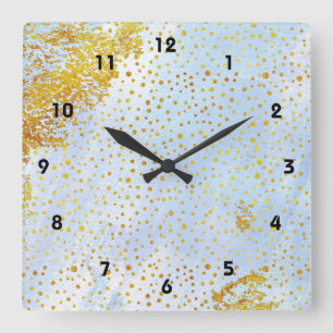 Hellblaue Wasserfarbe und Goldfolie Confetti Quadratische Wanduhr
