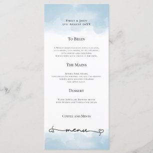 Hellblaue Wasserfarben Herz-Swash Hochzeit Menükarte
