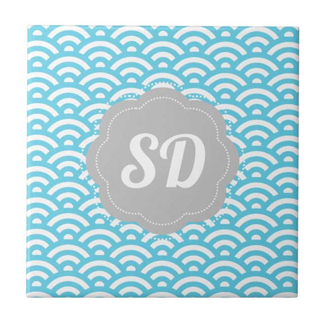 Hellblaue Welle Custom Monogramm Fliese (Vorderseite)
