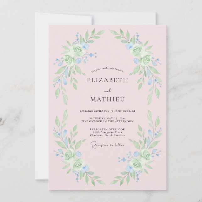 Hellblaue Whimsical Florale Hochzeit Einladung (Vorderseite)