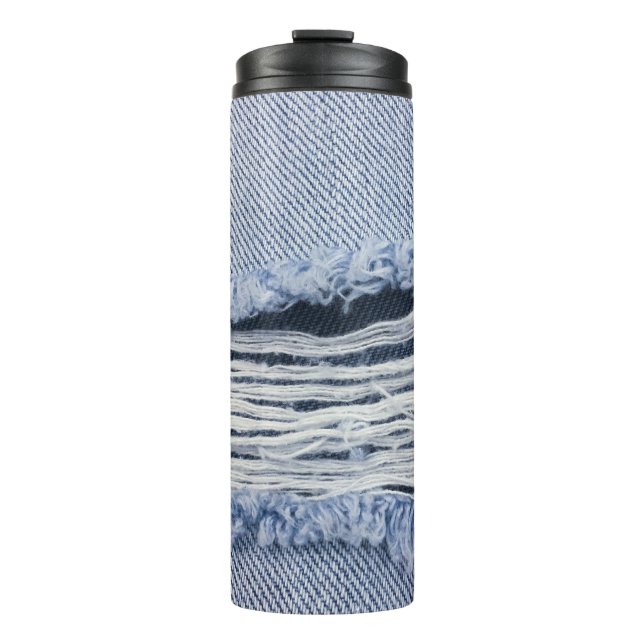 Hellblaue zerrissene Jeans-Textur Thermosbecher (Vorderseite)