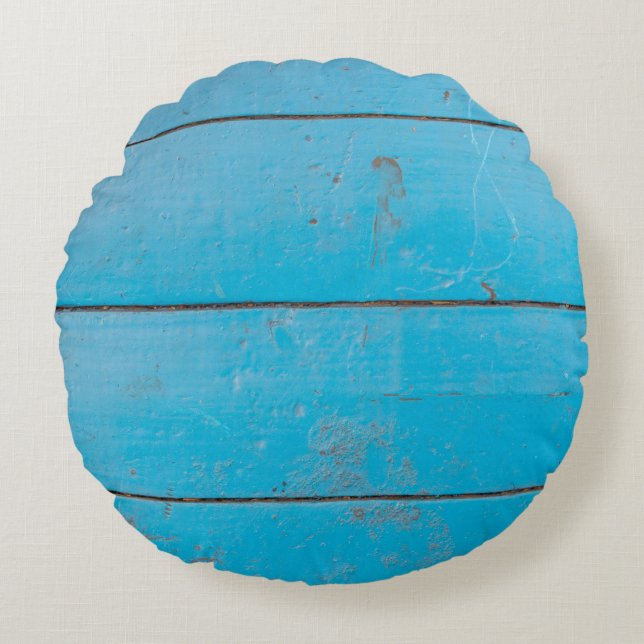 Hellblauer Aquamarine Vintages Holzstaub Rundes Kissen (Vorderseite)