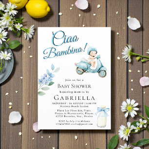 Hellblauer Babyscooter Ciao Bambino Dusche Einladung