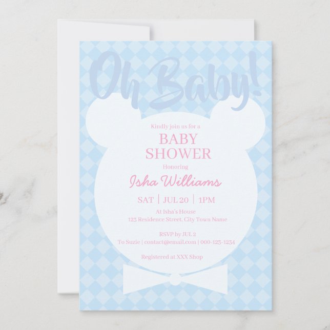 Hellblauer Bär mit Fliege Oh Baby Shower Einladung (Vorderseite)