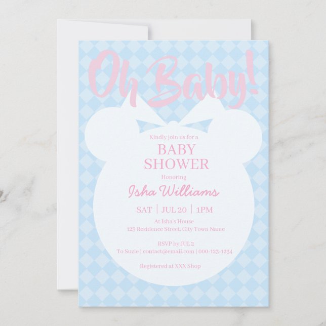 Hellblauer Bär Rosa Oh Baby Shower Einladung (Vorderseite)