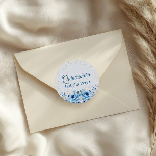 Hellblauer Blumen- und Gold-Glitter-Quinceanera Runder Aufkleber