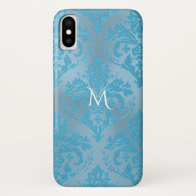 Hellblauer Damast Monogramm iPhone X Hülle (Rückseite)