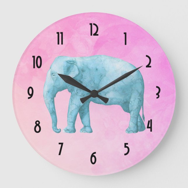 Hellblauer Elefant auf träumerischen rosa Große Wanduhr (Vorderseite)