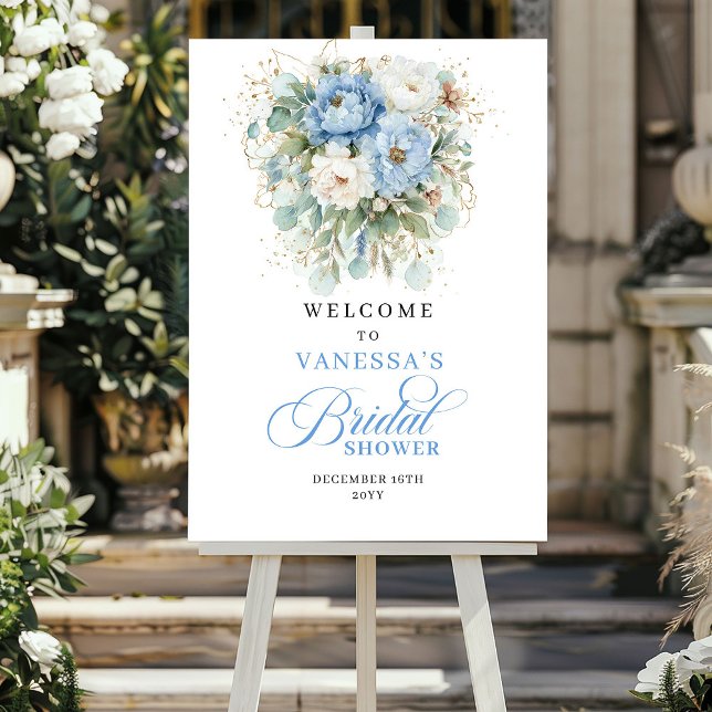 Hellblauer Eukalyptus Goldene Hochzeitstags Begrüß Poster (Light Blue Eucalyptus Gold Bridal Shower Welcome)