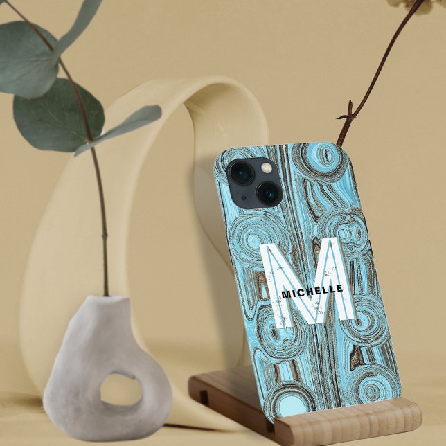 Hellblauer funky Retro-Gold-Glitter-Monogramm süß iPhone Hülle (Von Creator hochgeladen)