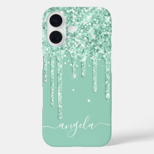 Hellblauer Glitter-Tropfen Glam-Unterschrift iPhone 16 Hülle