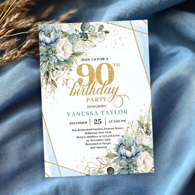 Hellblauer Gold Luxe-Rahmen Grün 90. Geburtstag Einladung (Light blue gold luxe border greenery 90th birthday invite)