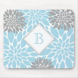 Hellblauer Grau Moderne Blüten Initialmonogramm Mousepad
