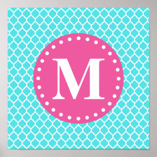 Hellblauer marokkanischer Gitter rosa Monogramm Poster