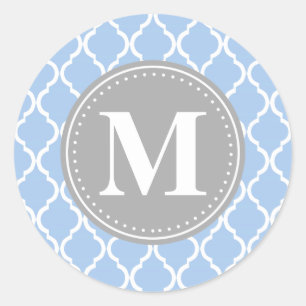 Hellblauer marokkanischer Gittergrau Monogram Runder Aufkleber